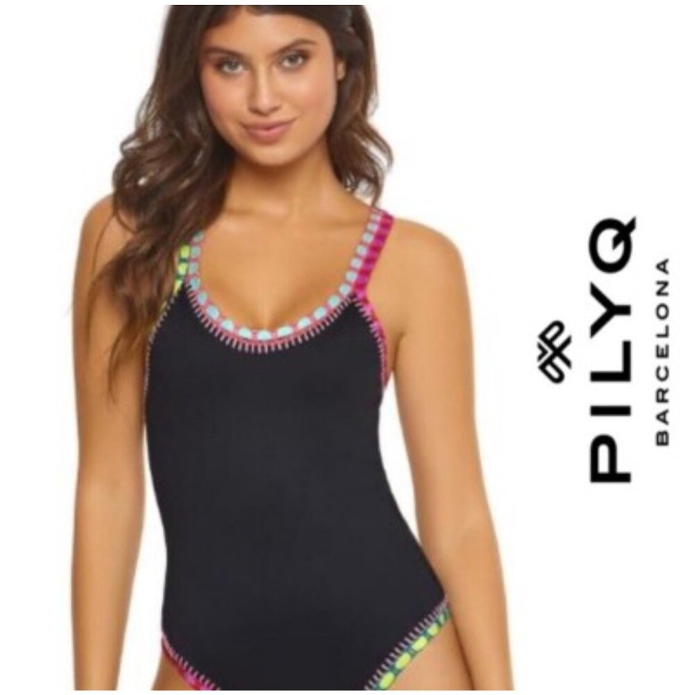 NWT Pilyq Size Small Platinum Black Crochet Rainbow Trim 1PC Swimsuit $164